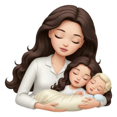 White Barbie girl dark brown long wavy hair in white clothes sleeping with white baby at cream bed, eyes are closed sticker
