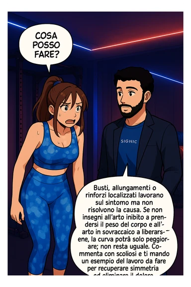 ispirati a questo stile di disegno e fai questa immagine in versione manga/webtoon a colori, il manga mostra la donna preoccupata che chiede: "COSA POSSO FARE?" E L'UOMO CHE RISPONDE: Busti, allungamenti o rinforzi localizzati lavorano sul sintomo ma non risolvono la causa. Se non insegni all’arto inibito a prendersi il peso del corpo e all’arto in sovraccarico a liberarsene, la curva potrà solo peggiorare; non resta uguale. Commenta con scoliosi e ti mando un esempio del lavoro da fare per recuperare simmetria ed eliminare il dolore. sticker