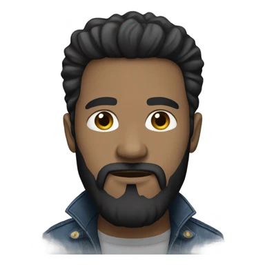 person with a black beard. Without mustache. No beard between nose and mouth. White skin tone. Nice black hair. Denim dark blue jacket sticker