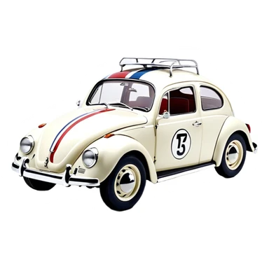 Volkswagen Beetle Herbie, 1963 model, painted in VW L87 Pearl White. It features two racing stripes running from the hood, over the roof, and down the back, one blue and one red. The number 53 is displayed in black inside a white circle with black borders on the hood. The car has classic chrome bumpers, vintage-style black and yellow license plates, and a racing stance, emphasizing its iconic movie look sticker
