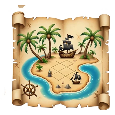 A detailed pirate treasure map with dotted paths, palm trees, and X marks the spot sticker