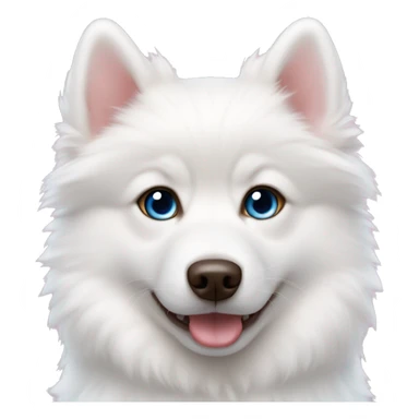 white pomsky puppy with pink ears and one brown eye, one parti blue eye sticker