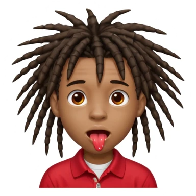 14 year old black boy with grown out buzz 4c hair forming into small dreadlocks looks like spikes he is wearing a red polo and his toungue is out very big and has a white shiny gooey splotch on his toungue sticker