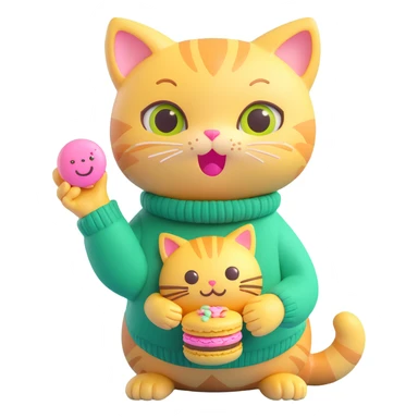 cute cat with big eyes, wearing a green sweater with yellow smiley faces and the word 'MEOWCARON', holding a pink macaron, soft and shiny, inspired by Apple iOS 3D emoji style sticker