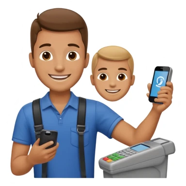 Draw a male tourist who pointed his phone to scan a QR code at a POS terminal. In the style of an Apple emoji sticker