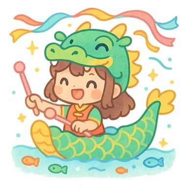 A chibi girl dressed as a dragon boat drummer, holding soft pastel drumsticks, standing in a fluffy dragon boat, colorful festival ribbons flying, sparkles and cute mini fish swimming below, soft pastel colors, watercolor texture, transparent background sticker