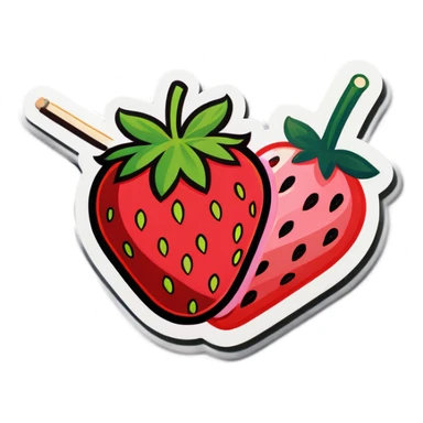 Strawberry with a toothpick next to the strawberry sticker