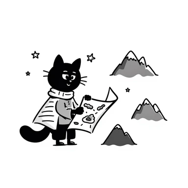Adventurous cat explorer studying a map, mountains and stars in background, light clothing and cloak flowing in the wind, looking thoughtfully into the distance sticker