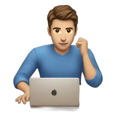 a man with brown hair, brown eyes, and a blue shirt. He is typing a message on his laptop sticker