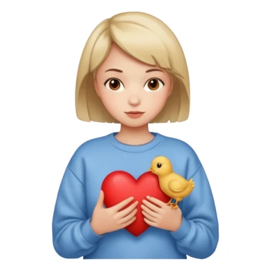 una niña con el pelo corto, con la sudadera de forma de pollito sujetando un corazón sticker