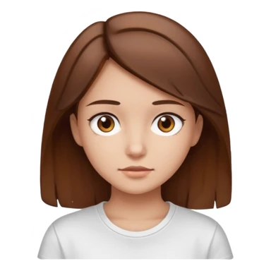 A Girl with Brown hair and Brown eyes with a t-shirt White. The t-shirt have un  sticker