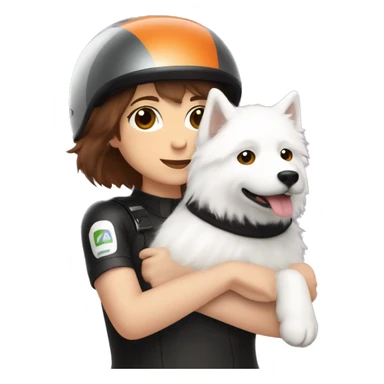 Girl biker white skin and brown short hair with a agv helmet hugging a Samoyed sticker