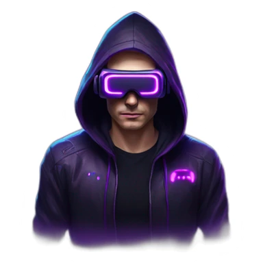Russian man in the black hoody with violet OMG VR logo on it wearing vr headset. Cyberpunk style. Violet neon. sticker