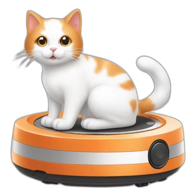 white and orange cat sitting on roomba sticker