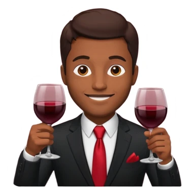 Man with black suit and red tie, brown skin, handsome, drinking wine with a happy face sticker