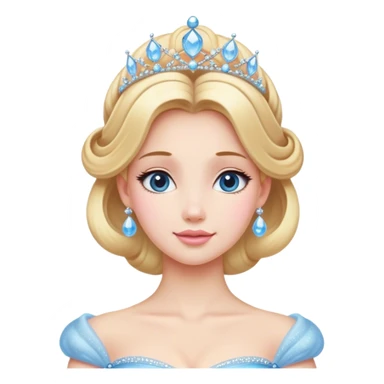 Cinematic Majestic Cinderella Portrait Emoji, rendered in a realistic, vector-style with clean, bold shapes. Depict Cinderella with a refined, noble expression, her fair skin luminous and her long blonde hair styled in an elegant updo, adorned with a delicate tiara. Her attire is a simple, sparkling ball gown that radiates soft pastel hues, glowing with a soft, majestic light and a subtle glowing outline, epitomizing classic royal beauty. sticker