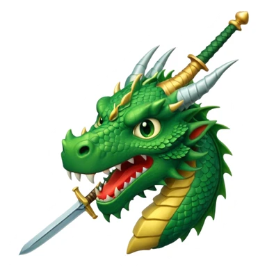 green dragon's head with sword embedded, defeated expression, conveying conquering a goal, WhatsApp emoji style sticker
