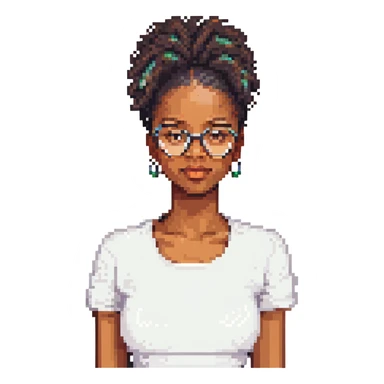 black woman with natural hair, wearing glasses, pixel art style sticker