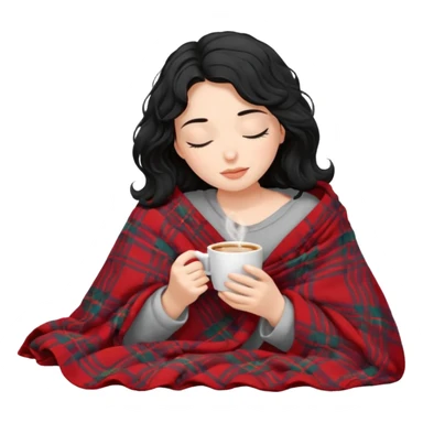 girl black hair wavy inside a blanket sipping coffee eyes closed sticker