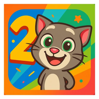 My Talking Tom Friends 2 inspired app icon, big number 2 and happy cartoon cat, playful inviting design sticker