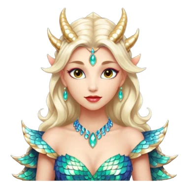 Am amazing blend of a half dragon woman with glittering jeweled scales covering her body. She has large almond shaped eyes, lush lips, and she wears a stunning luminescent gown. sticker