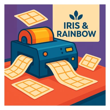 Change the background color behind the 'Iris & Rainbow' logo to purple. Do not add a rainbow to the logo. Keep the rest of the scene the same: a busy label printer in action, sheets of labels coming out, stylish logo. sticker