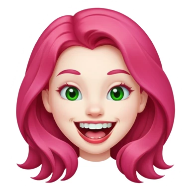 Young girl with pale skin, full pink lips smiling with big teeth, red long hair, big brown eyes with a hint of green, big mouth sticker