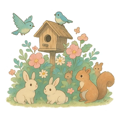 birdhouse with flowers and forest creatures including bunnies, birds, and squirrels, soft pastel colors, transparent background, ghibli style sticker