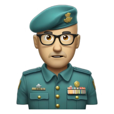 High detail cyan beret bald very angry 50 years old man with glasses no hair furious very angry frown with khaki uniform sticker