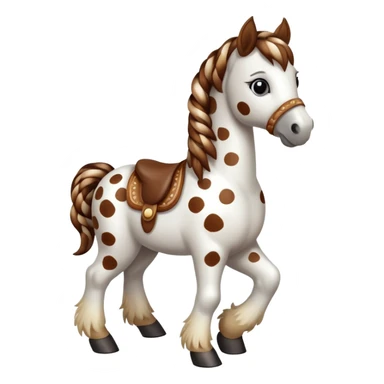 A spotted toy horse with braided mane and friendly expression sticker