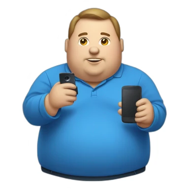 fat man in a blue shirt holding a phone sticker