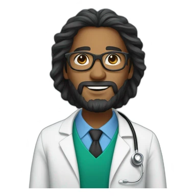 Dark-skinned Mauritian doctor with long black tousled hair with a circular beard and black glasses sticker