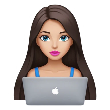 Glamours tanned very beautiful girl with pump pink-beige lips and dark chocolate straight smooth long hair, blue-grey eyes with MacBook sticker