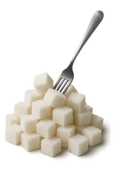 monagna di zollette di zucchero con una forchetta appizzata sopra, iperrealistico 4k sticker