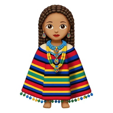 Traditional Ndebele doll standing, colorful beaded jewelry, layered necklaces, patterned blankets, cylindrical body, round head, bright colors blue red yellow green white black, classic Apple emoji style sticker