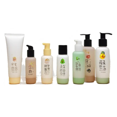 korean skincare bottles standing on wooden bathroom tray sticker