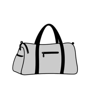 A sports duffel bag with straps and pockets in pastel colors (dd9fb0, ffc6d3, a3bfc9, c4bee2, f1b091), hand-drawn doodle style sticker
