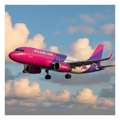Wizz Air Airbus A320 airplane, flying in the sky, pink and purple colors, clouds sticker