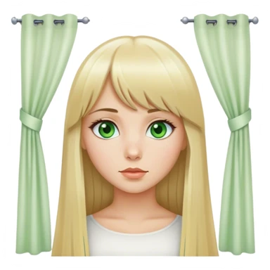 Beautiful Russian girl, green eyes, blond long straight hair, slightly long bangs with a curtain sticker