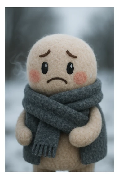 plush face with rosy cheeks, wrapped in a thick scarf, visible breath, shivering, cold weather sticker