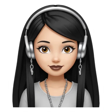 generate a pretty bratz girl with black long straight hair and silver headphones on, brown lipstick tattoo on shoulder, eyeliner on, silver hoops sticker