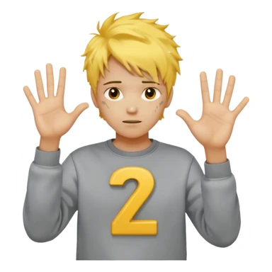 Make a guy in a grey sweatshirt and yellow messy hair hold his hands out one hand holding 6 the other holding 7 sticker