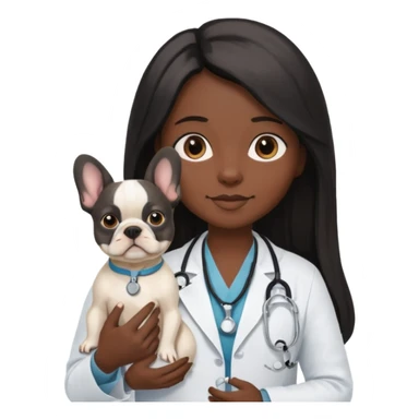 joven médico con el pelo un poco largo pero no tanto y lacio, que tenga un estetoscopio de color de piel tez negra calida !!! que sostiene un bulldog francés blanco sticker