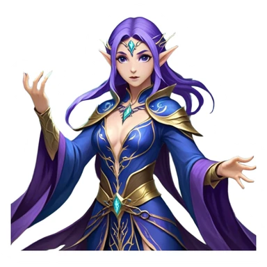 Cinematic Realistic WoW Elf Mage Portrait, captured in a dynamic, battle-ready stance, her graceful form exuding raw arcane energy. Her luminous skin and delicate features, set against an intricately detailed robe in consistent deep blues and purples with golden accents, are rendered with lifelike texture and dynamic, magical lighting, high shine, fierce and commanding, embodying the relentless spirit of an elven sorceress mid-spell. sticker