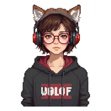 tan brunette girl with a short wolf haircut, round ruby glasses, black headphones, and a black hoodie sticker