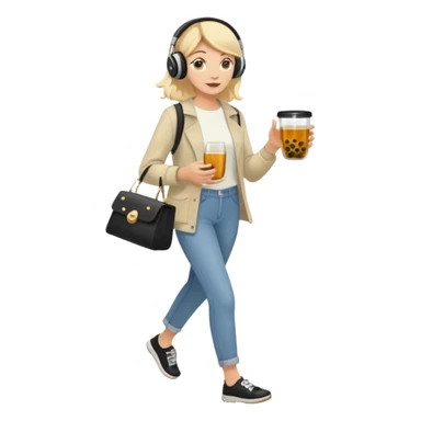 a young woman full length walks with headphones on with a caviar toast in one hand and herbal tea in the other hand sticker