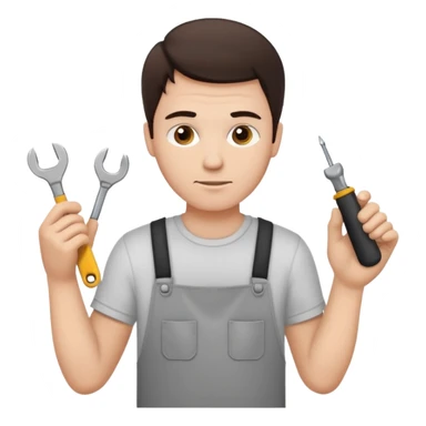 make a white guy with dark brown hair, with a simple white o grey shirt, repairing an iphone, un tecnico sticker