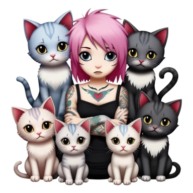 two emo cats in love with tattoos and cool hair, surrounded by five emo kittens sticker