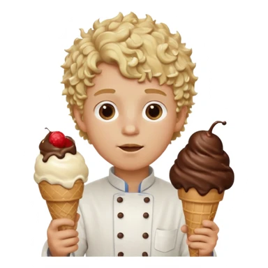 boy blonde curly hair, chef, eating big chocolate ice cream sticker