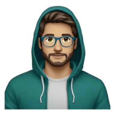 guy 26y.o., white transparent glasses, with a little beard, dark brown hair, dark green eyes in blue hoody sticker